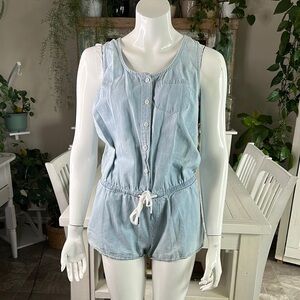 Garage ladies denim button up one piece romper with pockets Button-Up Sm